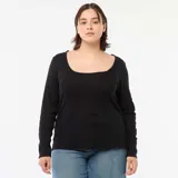 Camiseta de manga larga en tejido de canalé, color negro, con escote cuadrado amplio y ajuste entallado.