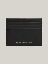 Tarjetero Tommy Hilfiger de cuero negro con paneles de piel lisa y granulada, múltiples ranuras exteriores para tarjetas, compartimento abierto y logo de la marca en el frente.