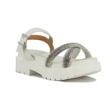 Sandalia Vizzano de plataforma chunky color blanco, con tiras cruzadas en el empeine cubiertas de brillos multicolores, tira ajustable al tobillo con hebilla metálica y suela dentada.
