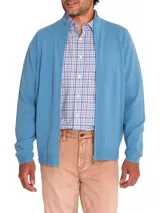 Sweater azul de cuello alto con cierre completo, confeccionado con hilado italiano de lana extrafina y cashmere.