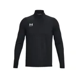 Buzo negro de entrenamiento Under Armour Challenger Midlayer, confeccionado en poliéster con exterior de tricot liso e interior cepillado. Cuenta con cierre frontal de 1/4 de cremallera, tecnología de secado rápido y orificios para pulgares en los puños.