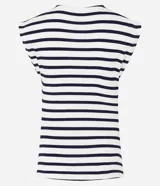 Blusa sin mangas Marfinno de viscosa y elastano, con escote barco, diseño a rayas horizontales en color blanco y negro, y detalle de fruncido lateral.