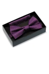 Conjunto formal Florenzi que incluye moña y pañuelo de bolsillo a juego, color violeta con diseño de lunares blancos. El pañuelo tiene unas dimensiones de 25x25 cm.