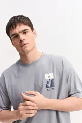 Remera oversize gris de algodón, de manga corta, con estampa en la espalda de formas botánicas abstractas y el logo de la marca.