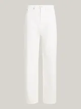 Pantalón jean de tiro alto color blanco, de corte recto y pierna ancha.