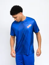 Remera de entrenamiento azul con diseño geométrico en el frente y escudo del Club Nacional de Football en el pecho. Confeccionada en poliéster transpirable.