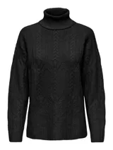 Sweater de punto con cuello alto, manga larga y hombros caídos. Presenta un diseño con textura de ochos y detalles calados, con puños y ruedo acanalados.