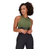 Top deportivo verde oliva de New Balance, modelo Relentless Crop Bra WB31175DON, con tecnología NB DRYx que absorbe la humedad, cuello alto, tirantes finos y banda elástica con logo.