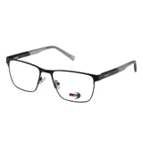 Armazón de lentes de receta MDQ modelo M36, con marco rectangular de metal en color negro mate y patillas con detalles en gris y azul.