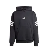 Canguro Adidas de hombre, color negro, con capucha, bolsillo frontal tipo canguro y diseño de tres bandas blancas en las mangas. Presenta el logo de la marca bordado en el centro del pecho.