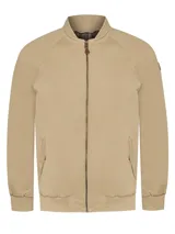 Chaqueta tipo bomber color beige con cierre frontal, cuello, puños y pretina de rib. Cuenta con dos bolsillos laterales y forro interior de franela.