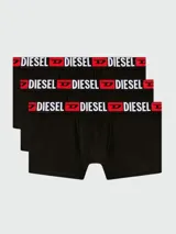 Boxer de algodón negro con cintura elástica ancha que presenta el logo de la marca Diesel en letras blancas y rojas.