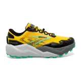 Championes de trail running Brooks Caldera 7 para hombre, color amarillo con detalles en negro, gris y verde.