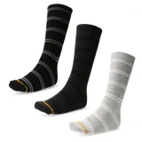 Pack de tres pares de medias de caña media con diseño de rayas horizontales. Incluye un par negro con rayas grises, un par gris oscuro con rayas negras y un par gris claro con rayas blancas. Todos los pares cuentan con un detalle de línea naranja en la puntera.