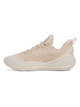 Championes de básquetbol Under Armour Curry 12, color beige con detalles en tonos vibrantes como verde, rosa y amarillo en la entresuela. Presentan un diseño técnico con parte superior de malla transpirable, contrafuerte de TPU en el talón y tecnología de amortiguación UA Flow para mayor rebote y agarre en la cancha.