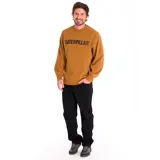 Buzo de cuello redondo color marrón tostado, con logo de Caterpillar estampado en negro en el pecho y detalle de triángulo amarillo bordado en la manga izquierda. Presenta puños y bajo de punto elástico.