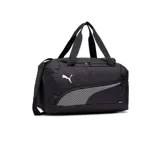 Bolso deportivo Puma modelo Fundamentals S, color negro con detalles en blanco. Cuenta con compartimento principal con cierre, bolsillo lateral con cierre y correa ajustable y extraíble.