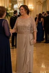 Vestido largo de fiesta en color visón, con cuerpo de tul bordado con motivos florales y mangas cortas tipo capa. Presenta una cintura con faja drapeada y falda fluida de satén con caída suave.