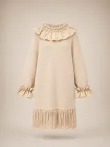 Vestido de punto color beige con diseño holgado, cuello redondo con volados de tela, mangas largas con puños con volados y ruedo decorado con flecos largos.
