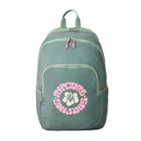 Mochila Rip Curl modelo Ozone 2.0 de 30 litros, color verde grisáceo, con estampado frontal de logo circular en rosa y blanco con una flor de hibisco. Posee dos compartimentos principales con cierre y tiradores de cierre en color rosa.