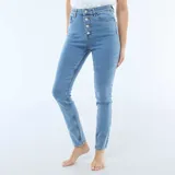 Pantalón jean de corte super skinny, tiro alto con cierre frontal de botones expuestos, confeccionado en denim elástico de color azul medio.