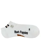 Medias tobilleras blancas Hush Puppies con detalles en negro y marrón, logo de la marca estampado y diseño ergonómico.