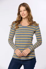Remera de manga larga con cuello redondo y diseño de rayas horizontales en tonos azul, amarillo y gris.