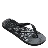 Sandalias tipo ojota Havaianas con diseño temático de Star Wars en escala de grises. Presenta tiras negras con el logo de la marca en relieve y suela de goma con estampado de Stormtroopers.