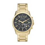 Reloj Armani Exchange modelo Banks, con caja y pulsera de acero inoxidable dorado, esfera gris con subesferas de cronógrafo y manecillas doradas. Resistente al agua hasta 5 ATM.