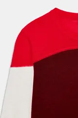 Jersey de punto fino con diseño color block en tonos rojo, bordó y blanco. Presenta cuello redondo y manga larga.