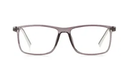 Armazón de anteojos recetados con marco rectangular de acetato en color gris traslúcido y patillas en tono contrastante.