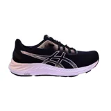 Championes de running Asics Gel-Excite 8, color negro con detalles en blanco y dorado. Presentan una parte superior de malla transpirable y entresuela con tecnología AmpliFoam y sistema de amortiguación Gel.