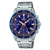 Reloj cronógrafo Casio Edifice con caja y malla de acero inoxidable plateado. Presenta una esfera azul con detalles en tono cobre, subesferas funcionales, indicador de fecha y cristal mineral resistente.