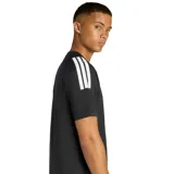 Remera deportiva Adidas Sereno de color negro, de manga corta, con cuello redondo y detalles de franjas blancas en los hombros. Incluye el logo de la marca estampado en el pecho.