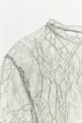 Top crop semitransparente de encaje negro, con cuello redondo y manga corta.