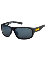 Lentes de sol deportivos Caterpillar modelo Cts Fused, armazón envolvente color negro mate con detalles en amarillo en las patillas y micas oscuras polarizadas.