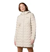 Campera larga tipo parka de Columbia, color beige, con diseño acolchado sin costuras, capucha integrada y cierre frontal de doble sentido. Cuenta con tecnología de aislamiento térmico y bolsillos laterales con cierre.