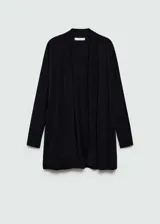 Cardigan de punto fino color negro, con diseño abierto sin cierre, cuello en V y mangas largas.