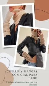 Set de cuello alto y mangas largas color beige, tejido en lana merino.