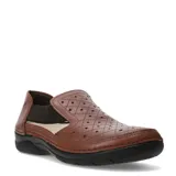 Sandalias tipo zueco de cuero color marrón, con diseño calado en forma de rombos en la parte superior y elásticos laterales para mayor ajuste. Cuenta con suela de goma negra antideslizante.