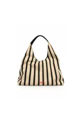 Cartera tipo hobo de la marca Daniel Cassin, con diseño a rayas verticales negras sobre fondo beige y asa integrada en color negro. Cuenta con el logotipo de la marca bordado en hilo rojo en la parte inferior.