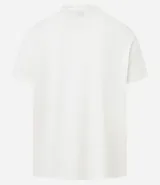 Remera de algodón color crudo con estampa de dibujo de durazno con hojas y texto.