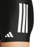 Short de natación para hombre, de calce ajustado y corte corto. Color negro con tres tiras blancas verticales en el lateral izquierdo y el logo de rendimiento de Adidas en blanco en el lateral derecho.