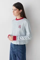 Remera de manga larga con diseño de rayas horizontales en color celeste y blanco. Presenta cuello redondo y puños en color rojo contrastante, junto con un pequeño parche bordado en el pecho.