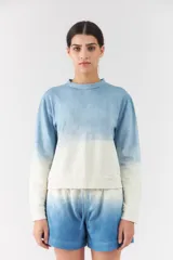 Buzo de cuello redondo y mangas largas, con diseño degradado en tonos celeste y blanco.