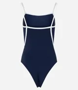 Body azul marino de microfibra con escote redondo, breteles finos, detalles de viés contrastantes en blanco y cierre con broches en la entrepierna.