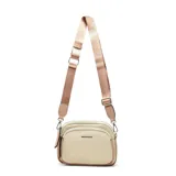 Cartera bandolera color beige con detalles en marrón claro, doble compartimento con cierre y correa larga regulable.
