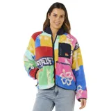 Campera de polar con cierre frontal, diseño de bloques de colores vibrantes con estampados florales y playeros. Cuenta con cuello alto, bolsillo frontal con cierre y terminaciones en color azul marino.