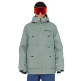 Campera técnica Rip Curl de la línea Anti-Series, color verde grisáceo. Presenta diseño con capucha, cierre frontal completo, múltiples bolsillos frontales con solapa y logo de la marca estampado en el pecho. Ideal para actividades de nieve gracias a su membrana impermeable y transpirable.