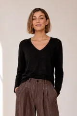 Sweater de punto fino negro con escote en V y mangas largas.